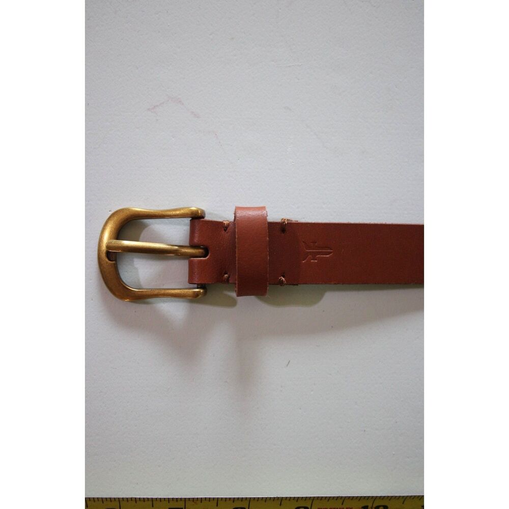 Frye Brown Genuine Leather Flat Strap Belt S/M Brass Tone Buckle DC1429